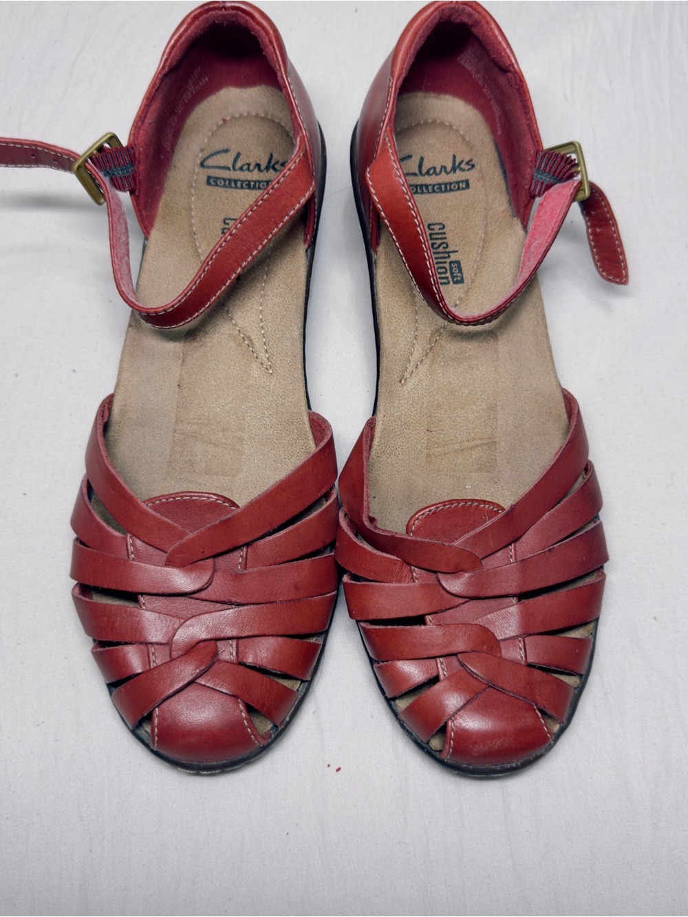 Clarks Women's Red Leather Woven Ankle-Strap Sandals